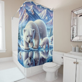 ホッキョクグマ家族の雪の絵を描シーン シャワーカーテン