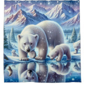 ホッキョクグマ家族の雪の絵を描シーン シャワーカーテン (正面)