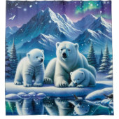 ホッキョクグマ家族の雪の絵を描シーン シャワーカーテン (正面)