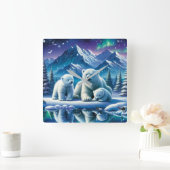 ホッキョクグマ家族の雪の絵を描シーン スクエア壁時計 (ホーム)