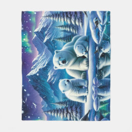 ホッキョクグマ家族の雪の絵を描シーン フリースブランケット