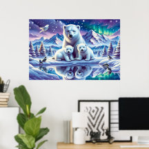 ホッキョクグマ家族の雪の絵を描シーン