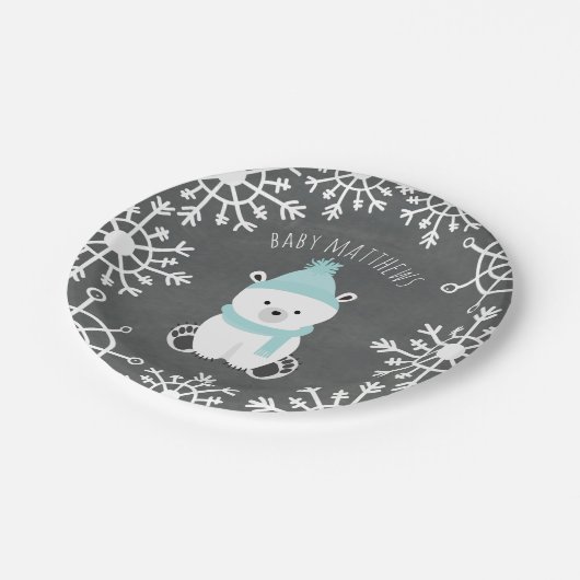 ホッキョクグマ少年の冬の赤ちゃんシャワー ペーパープレート (アングル)