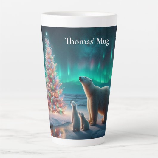 ホッキョクグマ母カブクリスマスツリーオーロラボレアリス カフェラテマグ (正面)