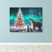 ホッキョクグマ母カブクリスマスツリーオーロラボレアリス キャンバスプリント (インサイチュ (ウッドフロア))
