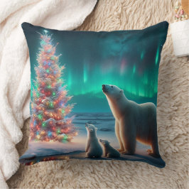 ホッキョクグマ母カブクリスマスツリーオーロラボレアリス クッション