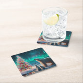 ホッキョクグマ母カブクリスマスツリーオーロラボレアリス スクエアペーパーコースター (インサイチュ)