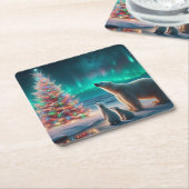 ホッキョクグマ母カブクリスマスツリーオーロラボレアリス スクエアペーパーコースター (アングル)