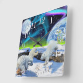 ホッキョクグマ&オーロラアースデイクロック スクエア壁時計 (傾斜)