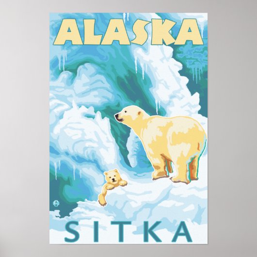 ホッキョクグマ&カブ – アラスカ,シトカ ポスター (正面)