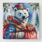 ホッキョクグマ サンタ クリスマス デザイン スクエア壁時計 (正面)