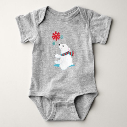 ホッキョクグマ、スカーフ付きクマ、かわいいクマ、雪片 ベビーボディスーツ (正面)