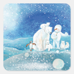 ホッキョクグマ、ポーラキツネ、エンペントギン&雪だるま スクエアシール