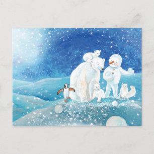 ホッキョクグマ、ポーラキツネ、エンペントギン&雪だるま ポストカード
