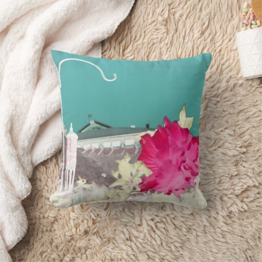 ホックのハイビスカスの花の絵画の逆のティール（緑がかった色）のピンク クッション (ブランケット)