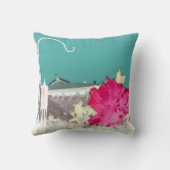 ホックのハイビスカスの花の絵画の逆のティール(緑がかった色)のピンク クッション (裏面)