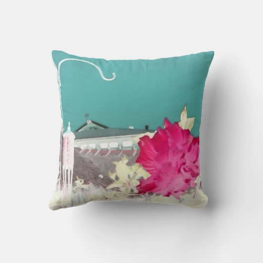 ホックのハイビスカスの花の絵画の逆のティール（緑がかった色）のピンク クッション (裏面)