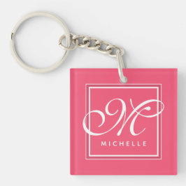 ホックラシックトピンクとホワイトスクリプトモノグラム キーホルダー