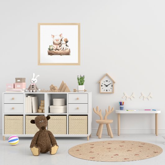 ホッグ。カエル&ログの上の犬！かわいいキッズ子供部屋 ポスター