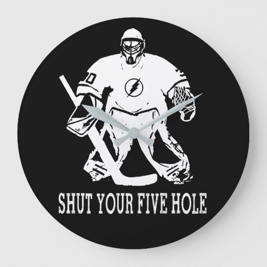 ホッケおもしろいーゴアリー引用文- 5つの穴を閉める ラージ壁時計 (正面)