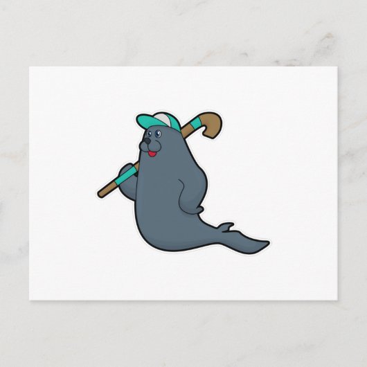 ホッケーでホッケースティックを持つシール ポストカード (正面)