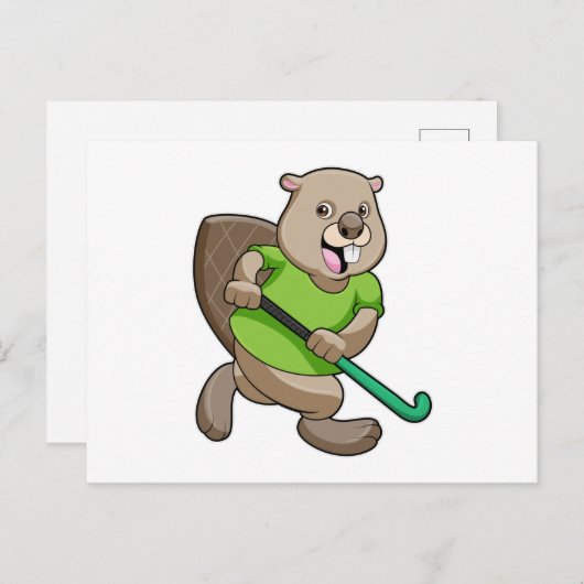 ホッケーでホッケー杖を持つビーバー ポストカード (正面/裏面)