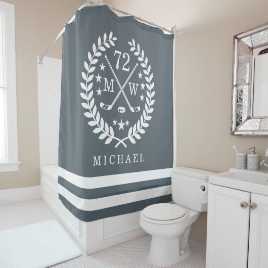 ホッケーのオールスターカスタムなイニシャル|の一流のスレートグレー シャワーカーテン (インサイチュ)