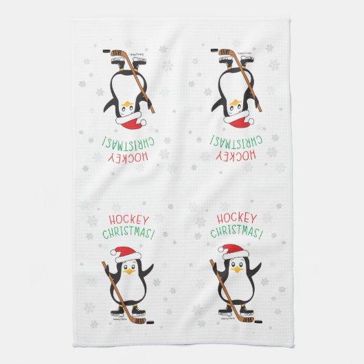ホッケーのクリスマスのペンギンのサンタの帽子の雪片 キッチンタオル (縦)