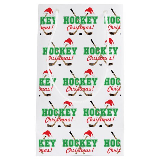 ホッケーのクリスマスの棒およびサンタの帽子 スモールペーパーバッグ (正面)