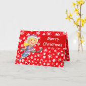 ホッケーのクリスマスカード - 雪の中の少女プレーヤー カード (黄色い花)