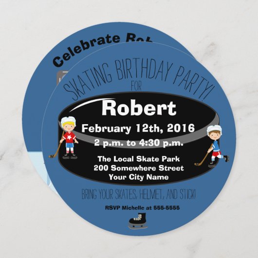 ホッケーのスケートで滑るの誕生会の円の招待 招待状 (正面/裏面)