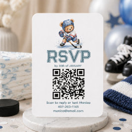 ホッケーのテディベア ベビーシャワー QRコード RSVP 同封 エンクロージャーカード