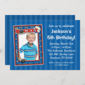 ホッケーの写真の誕生会の青の招待状 招待状 (正面/裏面)