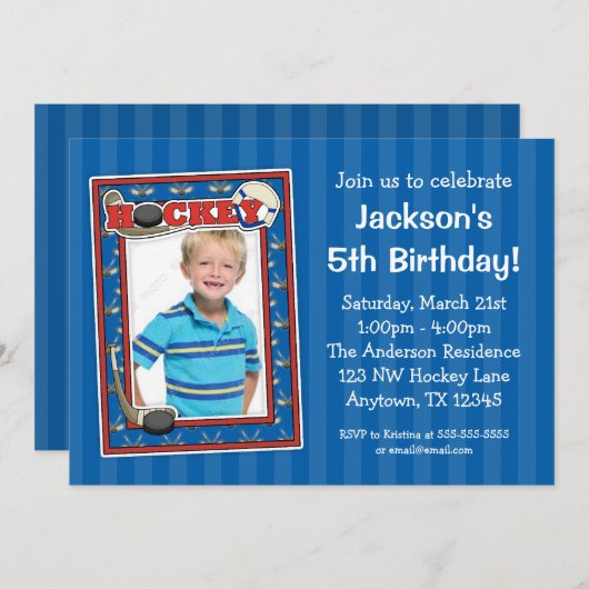 ホッケーの写真の誕生会の青の招待状 招待状 (正面/裏面)