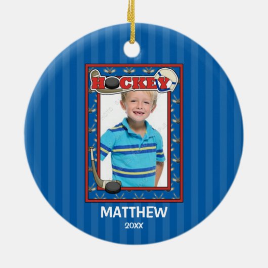 ホッケーの写真フレームはパーソナライズなクリスマスをからかいます セラミックオーナメント (裏面)