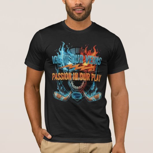 ホッケーの情熱: アイス&ファイア スカル グラフィック Tシャツ (正面)