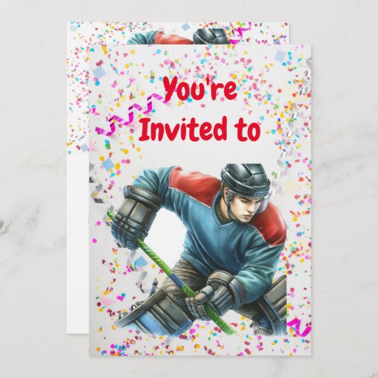 ホッケーをテーマにした誕生日パーティーの招待状 招待状 (正面/裏面)