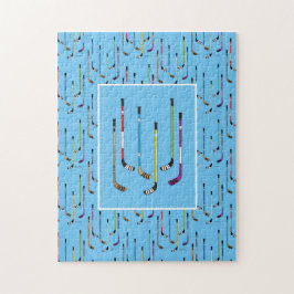 ホッケーカラフルスティック青い背景 ジグソーパズル