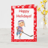 ホッケークリスマスカード – 男の子プレーヤー – 雪と赤 カード (黄色い花)