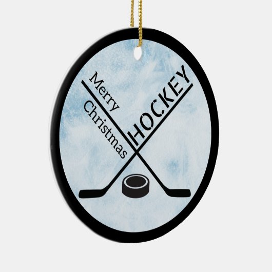 ホッケークリスマスサークルオーナメント – 青いアイススティック セラミックオーナメント (右)