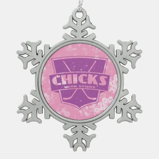 ホッケークリスマススノーフレークオーナメント、クリスマスチックス スノーフレークピューターオーナメント (正面)