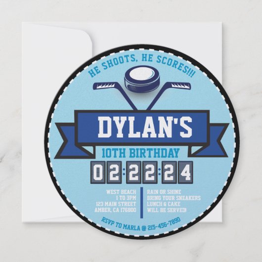 ホッケーゲームスポーツ子供の誕生日パーティーラウンド 招待状 (正面)