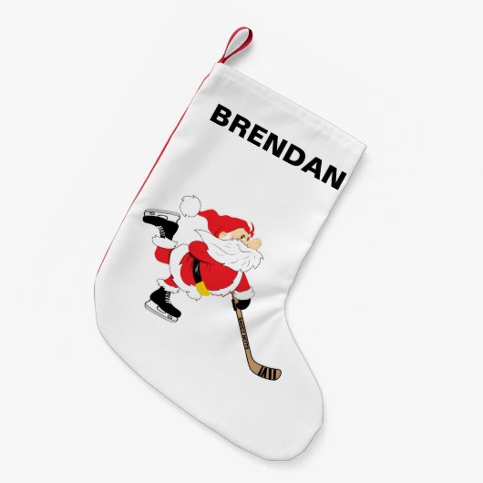 ホッケーサンタスケートで滑るパーソナライズカスタマイズ スモールクリスマスストッキング (正面 (吊り時))