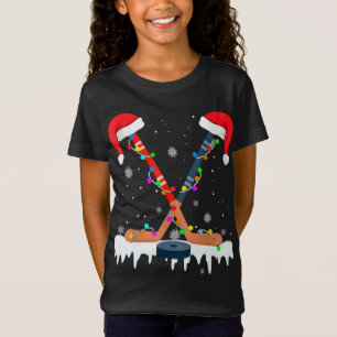 ホッケーサンタハットクリスマスライトスおもしろいポーツクリスマス Tシャツ