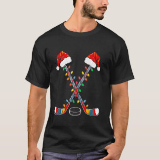 ホッケーサンタハットクリスマスライトスおもしろいポーツクリスマス Tシャツ