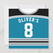 ホッケージャージーをテーマにしたパーティー招待状テンプレート、ティール（緑がかった色） 招待状 (裏面)