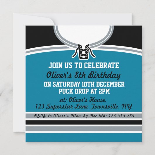 ホッケージャージーをテーマにしたパーティー招待状テンプレート、ティール（緑がかった色） 招待状 (正面)