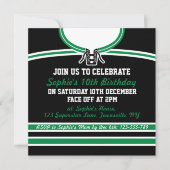 ホッケージャージーをテーマにしたパーティー招待状テンプレート、緑 招待状 (正面)