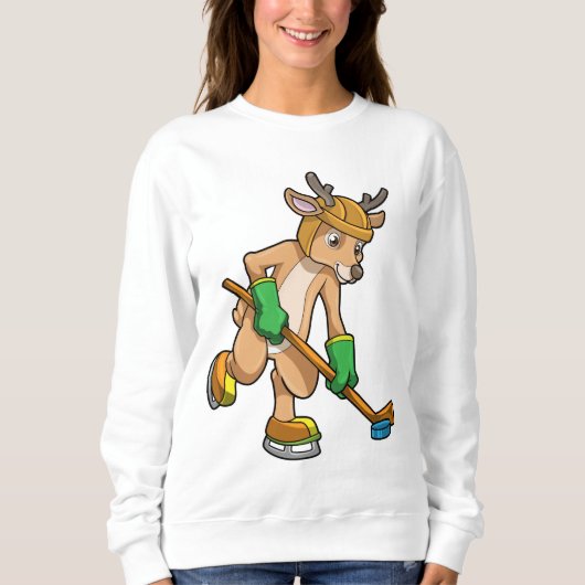 ホッケースティックとアイスホッケーのトナカイ スウェットシャツ (正面)