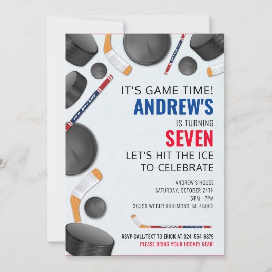 ホッケースポーツの誕生日パーティーをパーソナライズ 招待状 (正面)